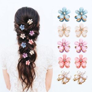 10 Pcs Mini Cute Flower-Shaped Hair Clips for Girls, Multicolor Crystal Hair Barrettes for Long Braid Hairstyles, Pearl Hairpin for Women Hair Accessories (10 Pcs- Mix Color)