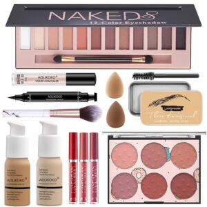 12-Color Pro Makeup Kit for Women – Eyeshadow, Foundation, Lipstick, Blush, Brushes, Eyeliner Stamp