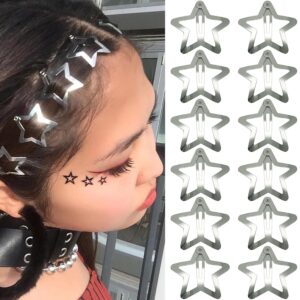 12 PCS 1.61″ Star Hair Clips Snap Hair Barrettes Non Slip Star Hair Accessories Women 2000s Y2K Silver Metal Hair Clips