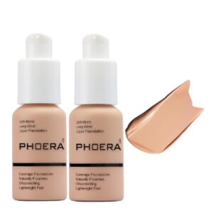 2 Pack PHOERA Foundation,Full Coverage Flawless Soft Matte 24HR Oil Control Liquid Foundation Makeup for Women.(103 Warm peach)