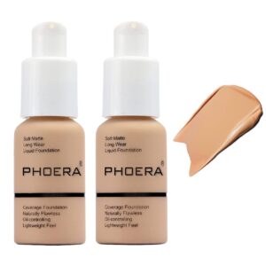 2 Pack Phoera Foundation Makeup For Older Women,Flawless Soft Matte Liquid Foundation 24 HR Oil Control Concealer Foundation Makeup,Full Coverage Foundation for Women and Girls (104 Buff Beige)