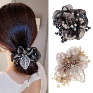 2 Packs Flower Hair Scrunchies for Women, Leaf Embroidery Acrylic Pearl Elastic Hair Ties, Elegant Hair Band, Hair Accessories for Parties, Daily Use (A#)