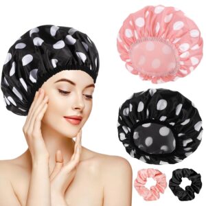 2 Packs Large Shower Caps for Women, Waterproof Shower Cap Double Layers Bath Caps with Hair Scrunchies for Long Thick Hair