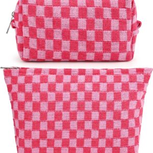 2 Pieces Makeup Bag Large Checkered Cosmetic Bag Pink Capacity Canvas Travel Toiletry Bag Organizer Cute Makeup Brushes Aesthetic Accessories Storage Bag for Women