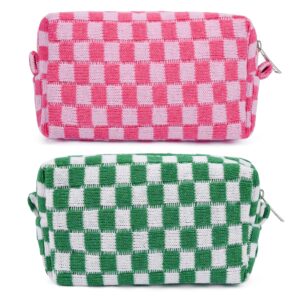 2 Pieces Makeup Bag Pouch Checkered Cosmetic Bag Pink Green, Travel Toiletry Bag Organizer Cute Makeup Brushes Storage Bag for Women