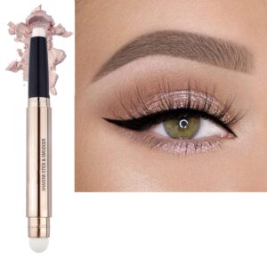 2 in 1 eyeshadow stick and Sponge Makeup Brush, Smooth Cream Shimmer Shadow Pencil Long Lasting Waterproof Eye Shadow Highlighter, Hypoallergenic Highlighter Multi-Dimensional eyes Look