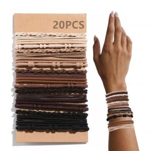 20 PCS Boho Hair Ties, Brown Bracelets Hair Ties for Thick or Thin Hair, 4 Styles Boho Ties for Ponytail Holders, 2.36’’ Hair Ties No Damage