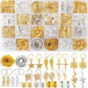 230PCS Hair Jewelry Beads，Dreadlocks Jewels for Women Braids, Gold And Silver Winding Line, Metal Hair Rings Cuffs Clips，Hair Charms Pendants Braid Loc Accessories for Hair Braiding Beard Decoration