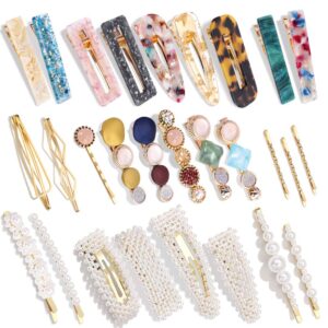 28 PCS Hingwah Pearls and Acrylic Resin Hair Clips, Handmade Hair Barrettes, Marble Alligator bobby pins, Glitter Crystal Geometric Hairpin, Elegant Gold Hair Accessories, Gifts for Women Girls