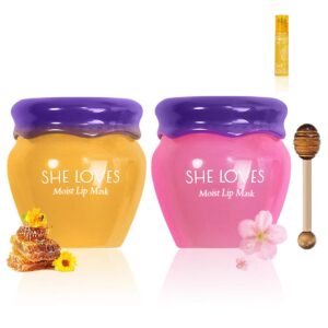 2PCS Lip Mask Overnight, Honey&Sakura Day and Night Repair Sleeping Lip Balm, Fade Lip Lines Bee Balm, Hydrating &Prevention Dry and Crack Lip Scrubs Exfoliator