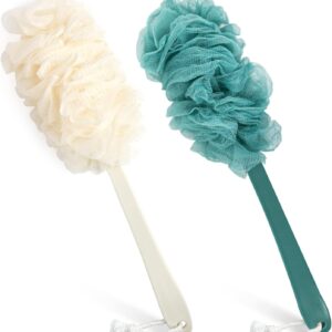 2Pack Back Scrubber for Shower，PIPUHA Loofah Sponge Shower Brush Using Body Exfoliating with Long Handle, Loofah on a Stick for Men Women, Bathing Accessories for Body Brushes (Blue and White)