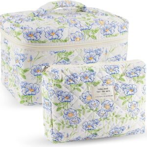 2Pcs Cotton Quilted Makeup Bag for Women Floral Extra Large Small Travel Cosmetic Bag Set Big Cute Blue Makeup Pouch Portable Toiletry Bag Organizer Coquette Vintage Puffy Travel Essential