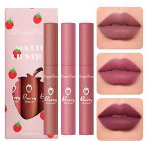 3 Piece Nude Matte Lipstick Set,Natural Velvet Air Moisture Smooth Crayon Lip Stain,Ultimate Nourishing Matte Lipstick 24 Hour Long Lasting Lip Gloss Lipstick for Women Makeup(Set D)