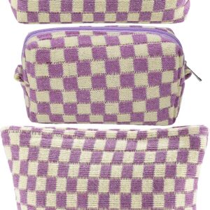 3Pcs Checkered Makeup Bag for Women Large Cosmetic Bag Set Travel Toiletry Bag Makeup Pouch Bag for Purse Purple Zipper Storage Bag Organizer Cute Small Aesthetic Girls Car Essentials Bag