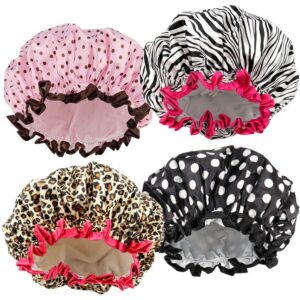 4 Pieces Shower Cap for Women, Elastic and Reusable, Environmental Protection Hair Bath Caps, Double Waterproof Layers Bathing Hat