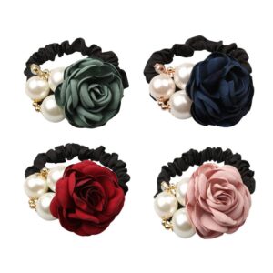 4Pcs Korean Fashion Pearl Hair Rope Rose Flower Rhinestone Hair Ties/ Jewelry Rubber Band