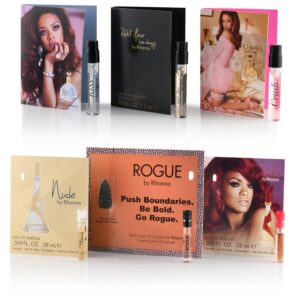 6 Rihana perfume samples for women: Crush, Reb’l Fleur, Kiss, Rogue, Rebelle, and Nude. Fragrance sample vial bottles perfume Set. Great for small gift or to try before purchasing bigger bottles.