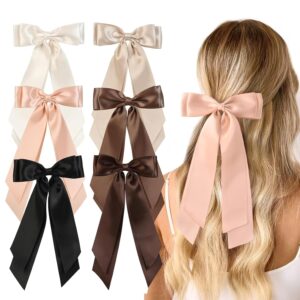 6PCS Silky Satin Hair Bows, Bow Hair Clips with Long Tail, Hair Ribbon Ponytail Holder Accessories, Alligator Metal Clips Hair Bows for Women Girls Toddler Teens Kids Gifts, Neutral Color