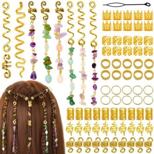 80 Pcs Natural Crystal Stone Dreadlock Accessories, Jollidecor Hair Jewelry for Braids Hair Spirals Gems Charms Adjust Gold Loc Jewelry for Hair Cuffs for Girls Women Braids Hairstyle Decoration