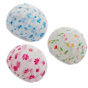 AIMI Shower Caps 3 Pack Waterproof Bath Caps Plastic Reusable Shower Hair Elastic Band Bath Hair Hat Stocking Stuffers Hair Wrap for Women Ladies Spa Salon Home Travel