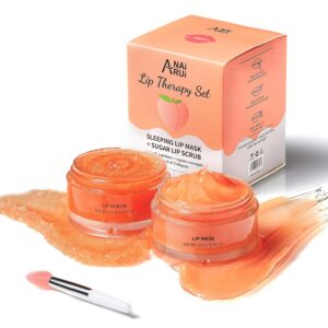 ANAI RUI Lip Balm Mask & Lip Scrub Set, Lip Care Kit, Overnight Lip Treatment with Lip Sleeping Mask & Sugar Lip Exfoliator Scrub, Lip Moisturizer for Dry, Chapped, Dark Lips, Reduce Fine Lines, Peach