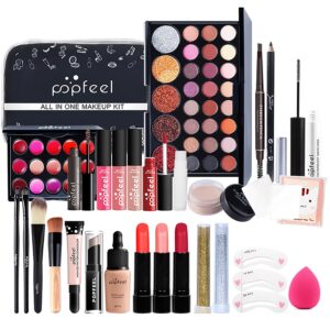 All in One Makeup Kit Makeup Kit for Women Full Kit Multipurpose Makeup ，eyeshadow、 liquid foundation,Loose powder,Eyebrow pencil,4-color lip gloss set