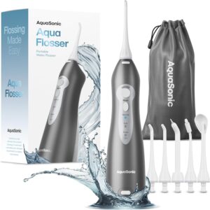 AquaSonic Aqua Flosser – Cordless Rechargeable Water Flosser for Teeth – Waterproof, Portable Oral Irrigator for Dental Cleaning with 5 Jet Tips – Braces Home Travel