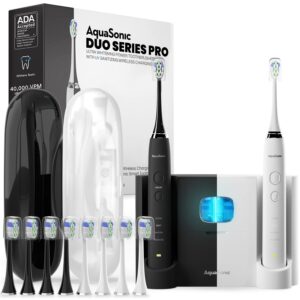 AquaSonic DUO PRO – Ultra Whitening 40,000 VPM Electric ToothBrushes – ADA Accepted – 4 Modes with Smart Timers – UV Sanitizing & Wireless Charging Base – 10 ProFlex Brush Heads & 2 Travel Cases