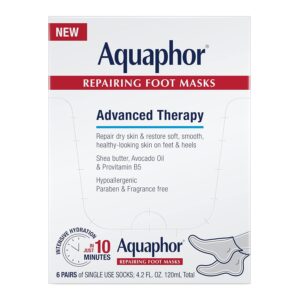 Aquaphor Repairing Foot Masks, Moisturizing Socks for Dry Feet, Hydrating Foot Care Treatment with Avocado Oil and Shea Butter, Pack of 6