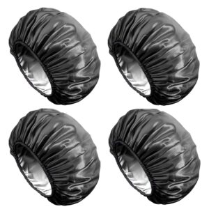 Aquior Shower Cap, Extra Large Shower Cap for Men, Satin EVA Double Layer Waterproof Reusable Hair Cap for Women Long Hair(All Black 4 Pack)