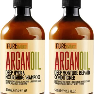 Argan Oil Shampoo and Conditioner Set – Moisturizing Sulfate Free Moroccan Care with Keratin – For Curly, Straight, Dry and Damaged Hair – Hydrating, Anti Frizz Salon Technology