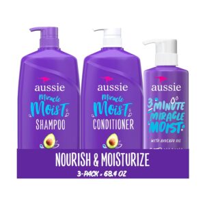 Aussie Miracle Moist Shampoo and Conditioner with 3 Minute Miracle Deep Conditioner, Avocado & Jojoba Oil, Paraben-Free, Moisturizes & Detangles, All Hair Types, Citrus Floral Scent, 3 Pack 68.4 Fl Oz