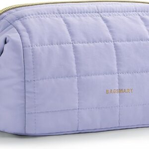 BAGSMART Makeup Bag Cosmetic Bag Wide Open, Purple, M, Wide-open Travel Makeup Bag With Puffy Padded and Rectangular Quilted