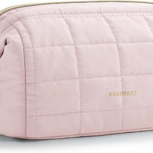 BAGSMART Makeup Bag Travel Cosmetic Bag, Puffy Padded Make Up Bags for Women Makeup Organizer Case, Wide-open Pouch Purse Travel Essentials Toiletries Accessories Brushes, Pink