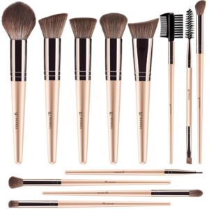 BEAKEY Professional Makeup Brush Set: Streak-Free Application for Liquid Foundation, Eyeshadow, Blush, Powder, 12-Piece Make up Brushes Pack with Travel Paper Case, Gold Cute Makeup Tools