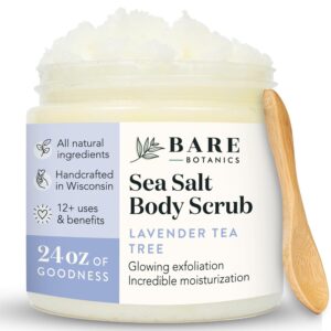 Bare Botanics Lavender Tea Tree Body Scrub 24oz | Made in Madison, WI | All Natural Sea Salt Exfoliator w/ Skin Loving Moisturizers | Vegan & Cruelty Free | Gift Ready Packaging w/ a Cute Wooden Spoon