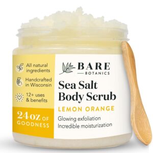 Bare Botanics Lemon Orange Body Scrub 24oz | Made in Madison, WI | All Natural Sea Salt Exfoliator w/ Skin Loving Moisturizers | Vegan & Cruelty Free | Gift Ready Packaging w/ a Cute Wooden Spoon