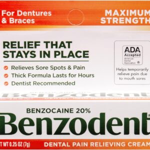 Benzodent Dental Pain Relieving Cream for Dentures and Braces, Topical Anesthetic, 0.25 Ounce Tube