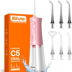 Bitvae C5 Water Flosser Teeth Picks, Cordless Portable Oral Irrigator, Powerful and Rechargeable Water Flosser for Teeth, Brace Care, IPX7 Waterproof Water Dental Picks for Cleaning, Quartz Pink