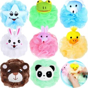 Boao 8 Pieces Kids Bath Loofahs Animal Bath Sponge Cartoon Shower Loofahs Cute Pouf Mesh Body Bath Loofah Colorful Body Scrubber Shower Balls for Boys Girls Adults