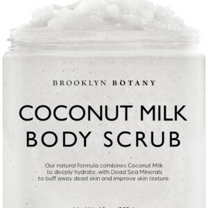 Brooklyn Botany Dead Sea Salt and Coconut Milk Body Scrub – Moisturizing and Exfoliating Body, Face, Hand, Foot Scrub – Fights Stretch Marks, Fine Lines, Wrinkles – Great Gifts for Women & Men – 10 oz