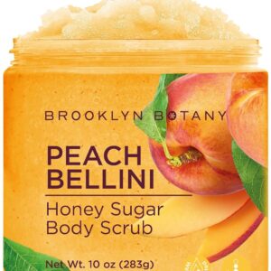 Brooklyn Botany Peach Bellini Honey Sugar Scrub for Body 10 oz – Deeply Hydrating and Gently Exfoliating Body Scrub for Women and Men – Moisturizing and Nourishing the Skin