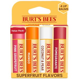 Burt’s Bees Lip Balm – Pink Grapefruit, Mango, Coconut & Pear, and Pomegranate Pack, Lip Moisturizer With Beeswax, Tint-Free, Natural Origin Conditioning Lip Treatment, 4 Tubes, 0.15 oz.