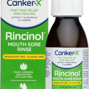 Canker-X Rincinol Oral Rinse Mouthwash, Quick Pain Relief from Canker Sores, Mouth Burns & More, Benzocaine Free & Alcohol Free Mouthwash, Adults & 6 Years+ Kids Mouthwash, 4.0 Fl. Oz.