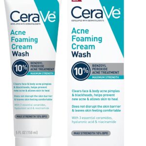 CeraVe Acne Foaming Cream Wash | Gentle Face and Body Acne Cleanser with Benzoyl Peroxide 10%, Hyaluronic Acid, and Niacinamide | Acne Treatment Clears Pimples, Blackheads, Chest and Back Acne | 5 Oz