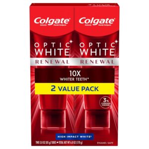 Colgate Optic White Renewal Teeth Whitening Toothpaste with Fluoride, 3% Hydrogen Peroxide, High Impact White, Mint – 3 Ounce (2 Pack)