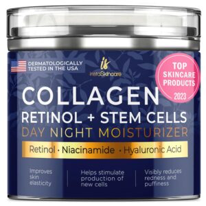 Collagen Face Moisturizer with Airless Pump – Collagen Botanical Stem Cells Cream for Skin with Retinol, Niacinamide, Hyaluronic Acid – Anti-Aging Day & Night Cream – Made in USA (1.7 Oz)