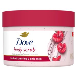 Dove Exfoliating Body Polish Crushed Cherries & Chia Milk Skin Care for Revitalized Skin Formulated with 1/4 Moisturizing Cream 10.5 oz