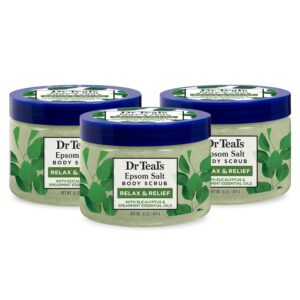 Dr Teal’s Pure Epsom Salt Body Scrub, Relax & Relief with Eucalyptus & Spearmint Essential Oils, 16 oz (Pack of 3) (Packaging May Vary)