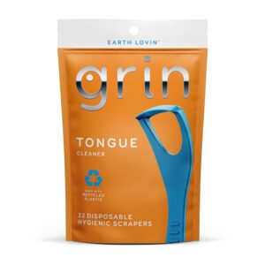 GRIN Tongue Cleaner, 32 Count, Disposable Tongue Cleaner, Hygienic Scraper, Recycled Plastic, Clean Tongue, Promote Fresh Breath, Includes Safe Fold- Back Tooth Pick